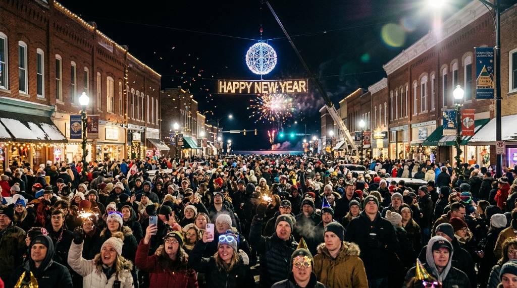 Crowd gathered at Ludington downtown for New Year's Eve ball drop with fireworks over Lake Michigan at midnight